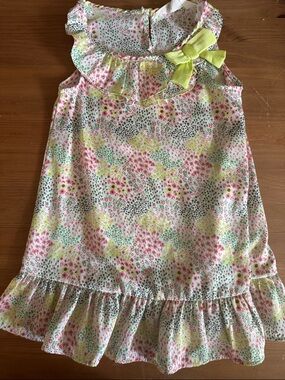 H&M White Floral Dress with Pink and Green Print and Yellow Bow